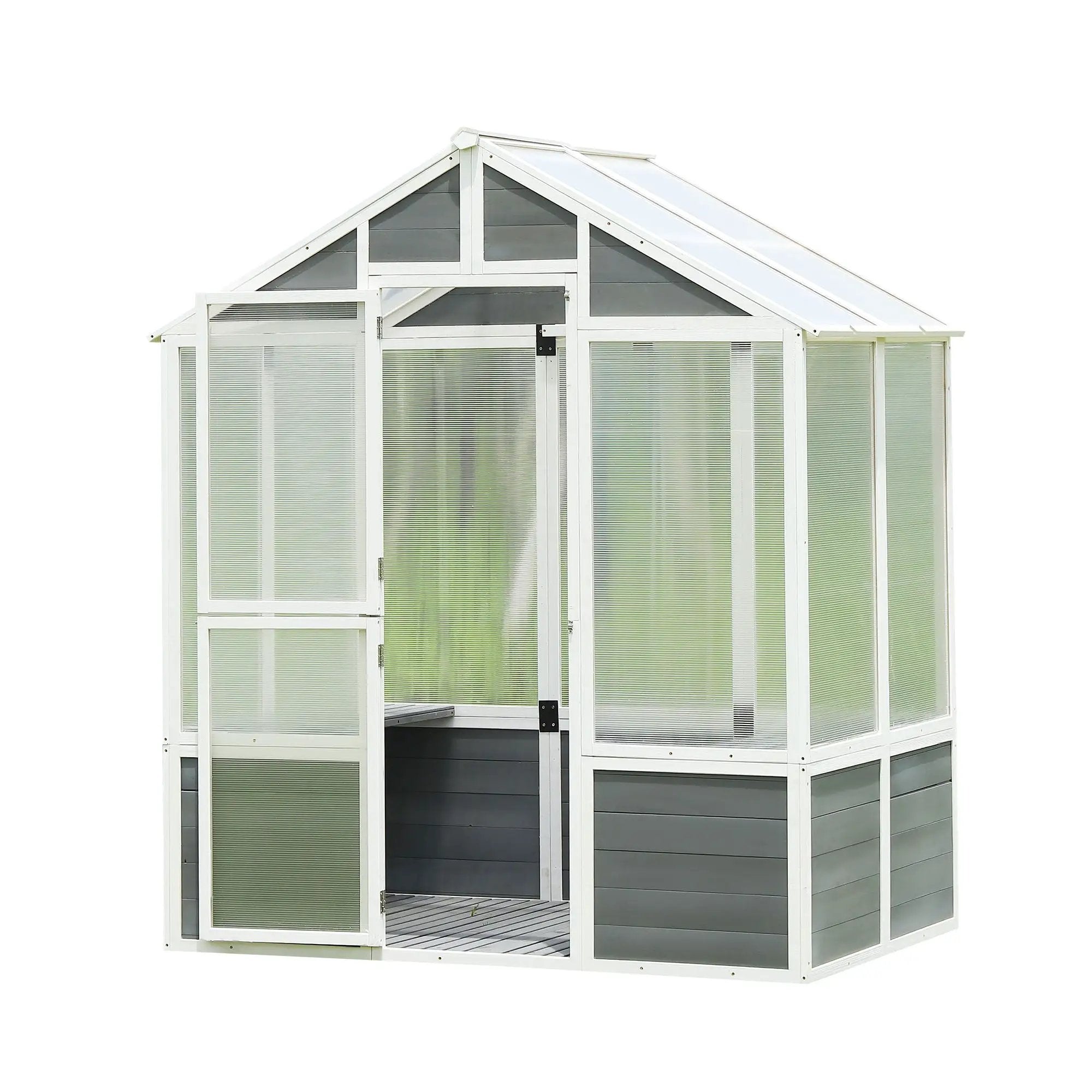 Greenhouse, Wooden Greenhouse Polycarbonate Garden Shed For Plants, Walk-In Outdoor Plant Gardening Greenhouse For Patio Backyard Lawn, Grow House With Front Entry Door - White / Gray by HouseOfZazla