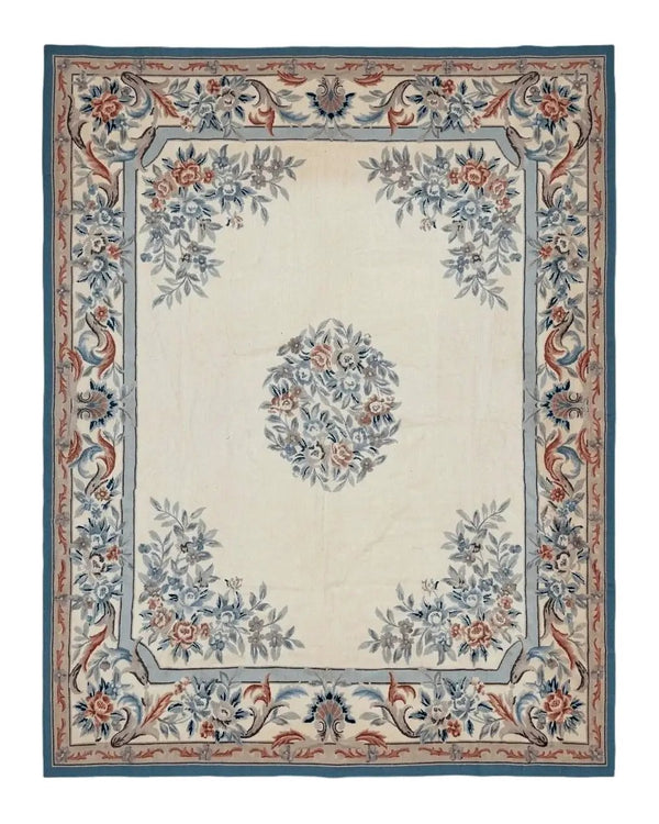 Ivory Needlepoint Rug 8x10, Wool Handmade Carpet
