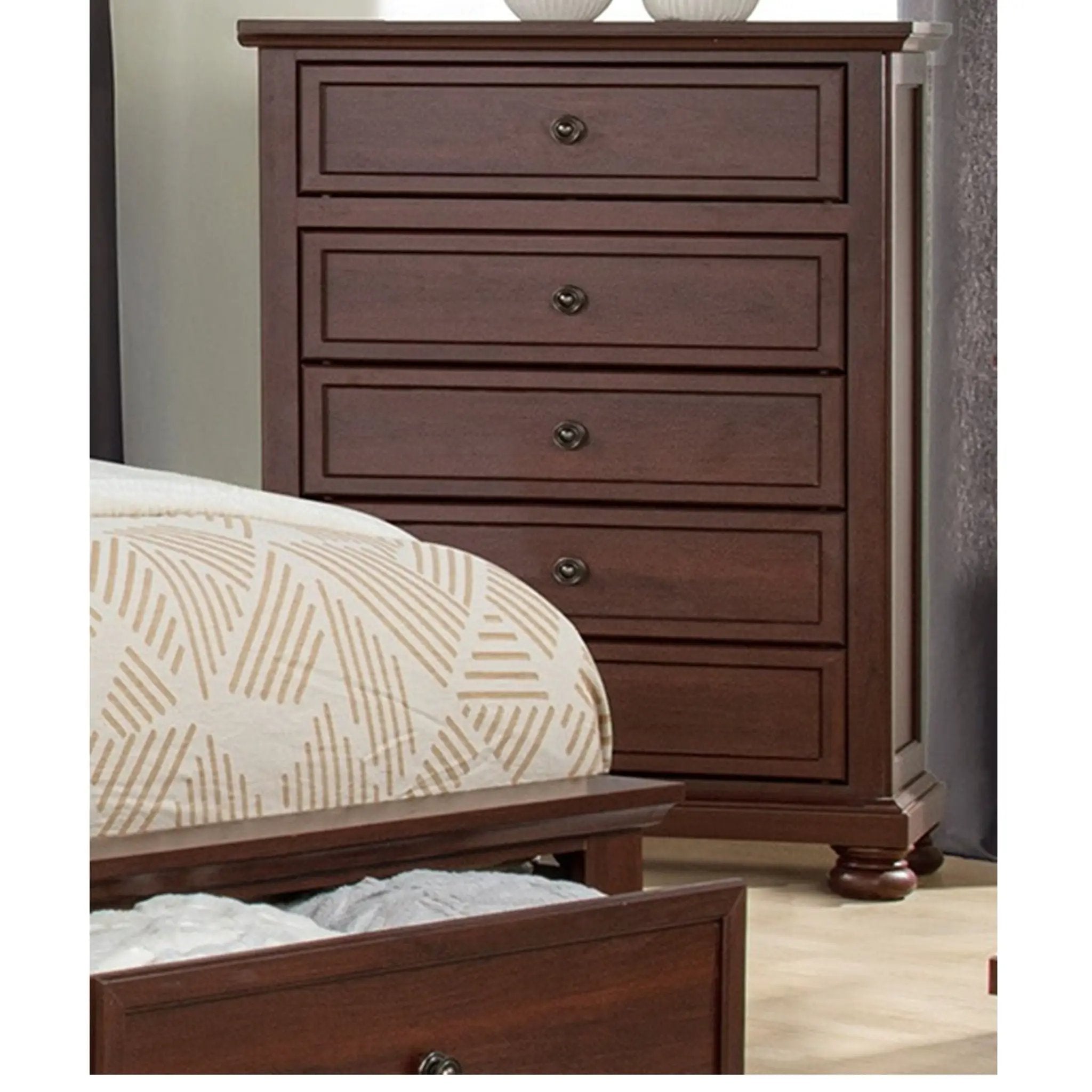 1 Piece Tall Chest, 5 Drawer Storage Bedroom Furniture - Brown / Cherry by HouseOfZazla