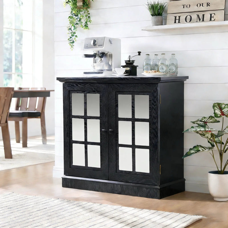 Sideboard Cabinet With Mirrored Doors, Adjustable Shelf, Metal Handles