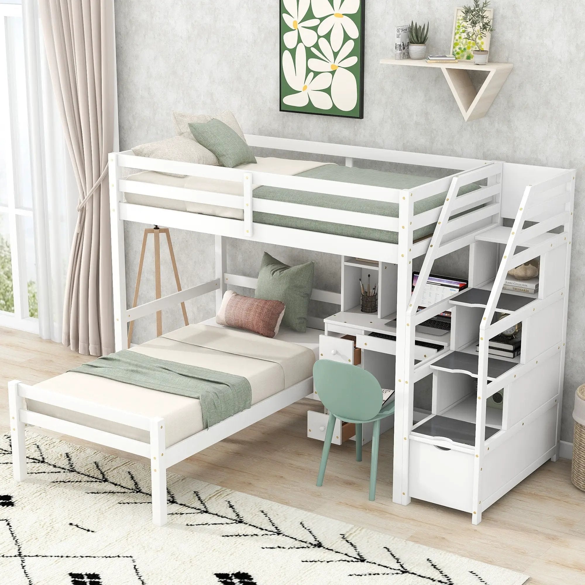 Loft Bed With Stand Alone Bed, Storage Staircase, Desk, Shelves, And Drawers
