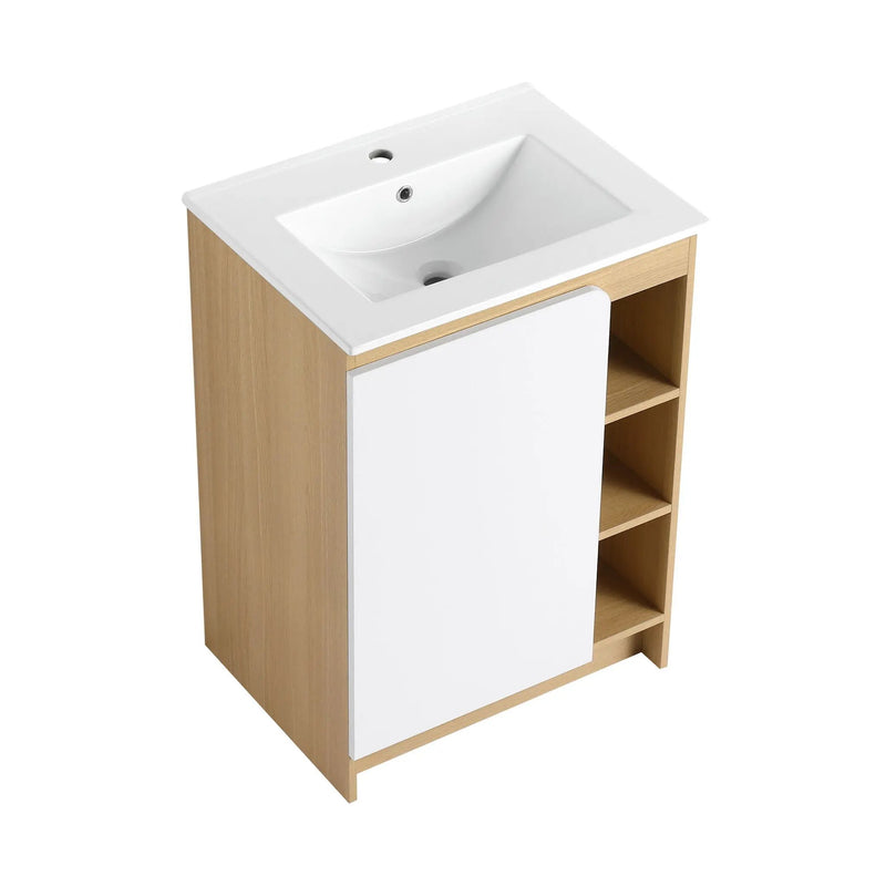 Freestanding Bathroom Vanity With Thin Rim Sink, Single Door With 4 Tier Open Shelves - Light Oak / White by HouseOfZazla