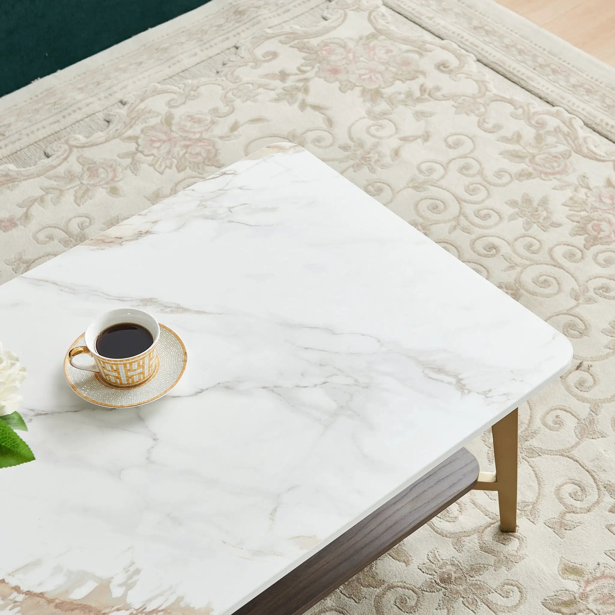 Coffee Table Rectangular Center Table For Living Room Open Space Side Table With Metal Frame - Golden / White by Unique Piece Furniture