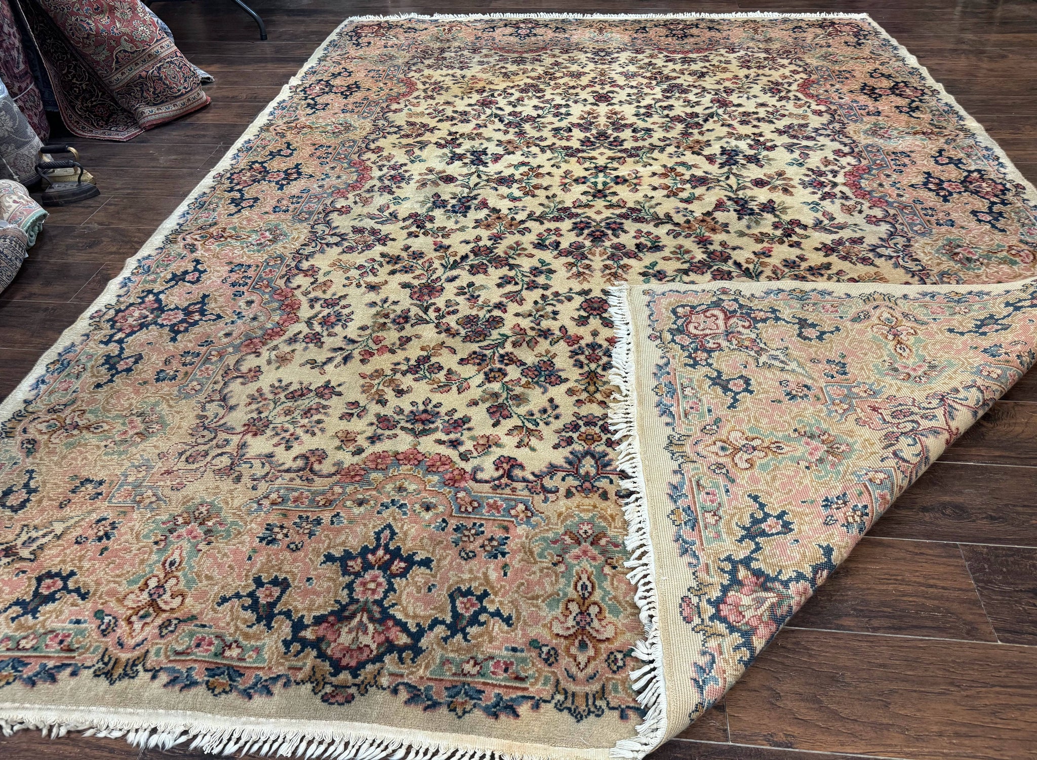 Antique Karastan Rug 8.8 x 12 Lanamar Floral Ivory Kirman Wool Discontinued by Jewel Rugs