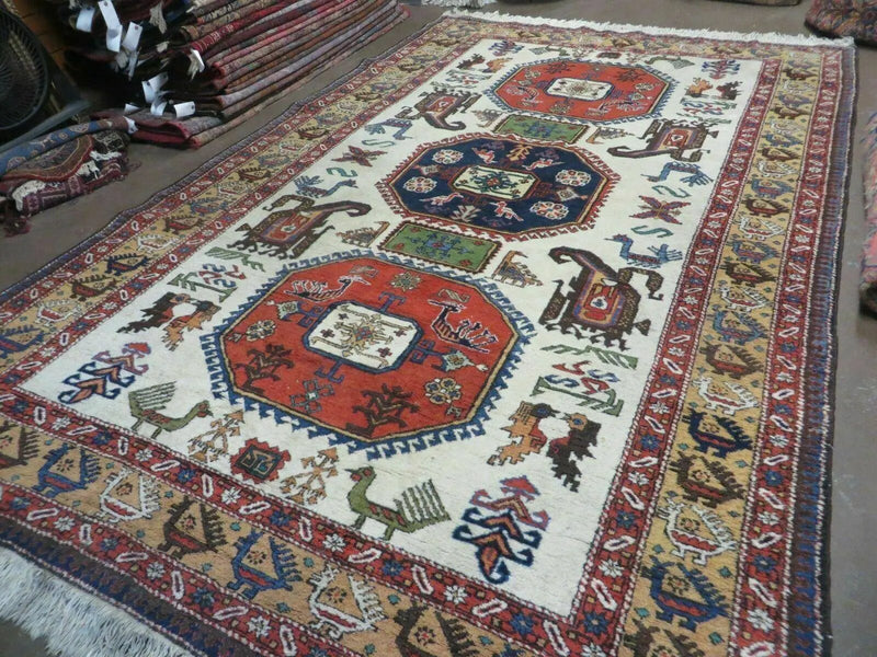 7' X 10' Vintage Handmade Knotted Turkish Wool Rug Birds Animal Ivory Organic by Jewel Rugs