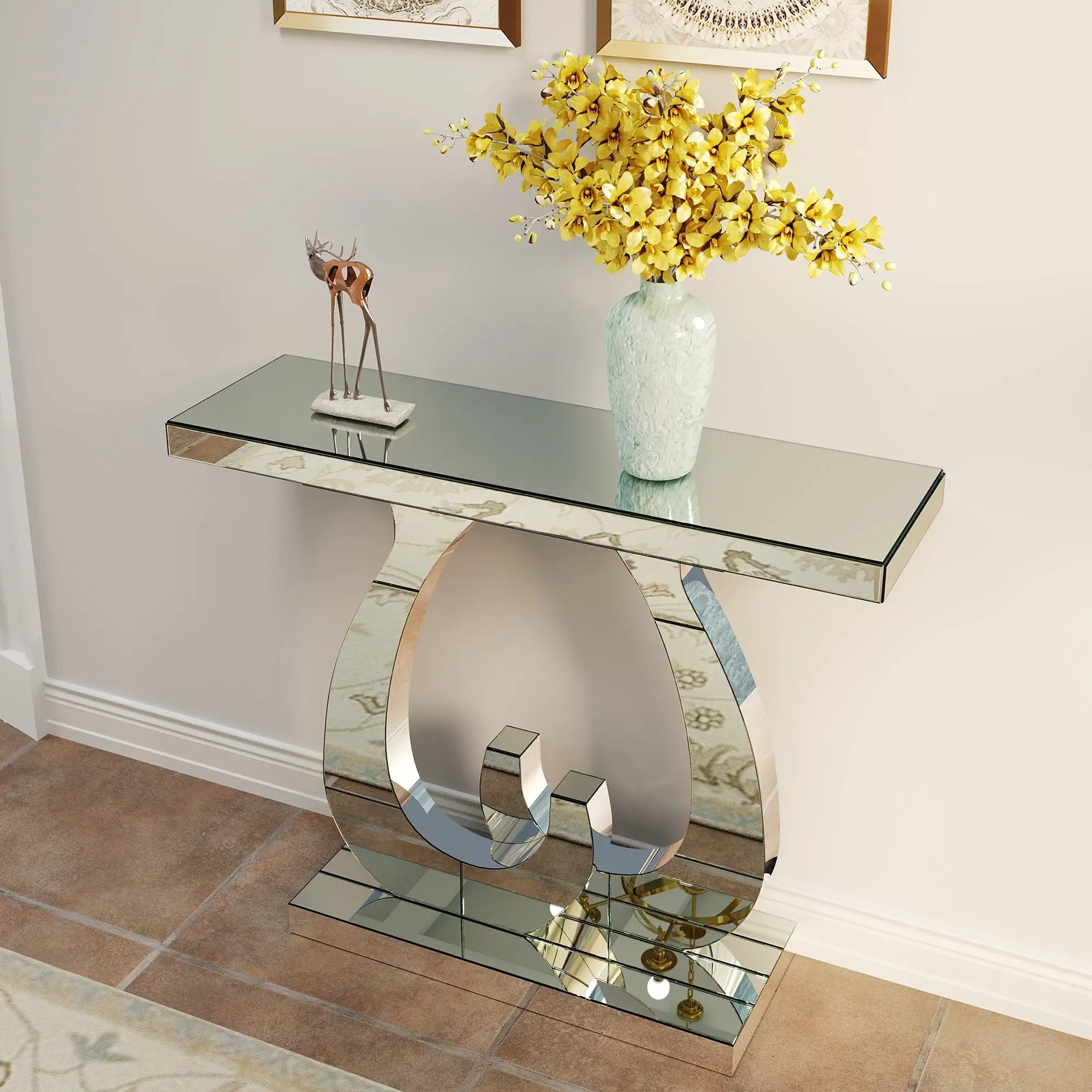 Modern Mirror Side Table with Double C-Shape Base by HouseOfZazla