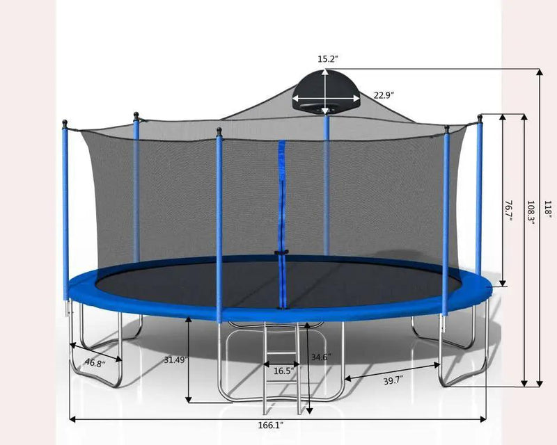 14Ft Trampoline For Adults & Kids With Basketball Hoop, Outdoor Trampolines With Ladder And Safety Enclosure Net For Kids And Adults - Blue by HouseOfZazla