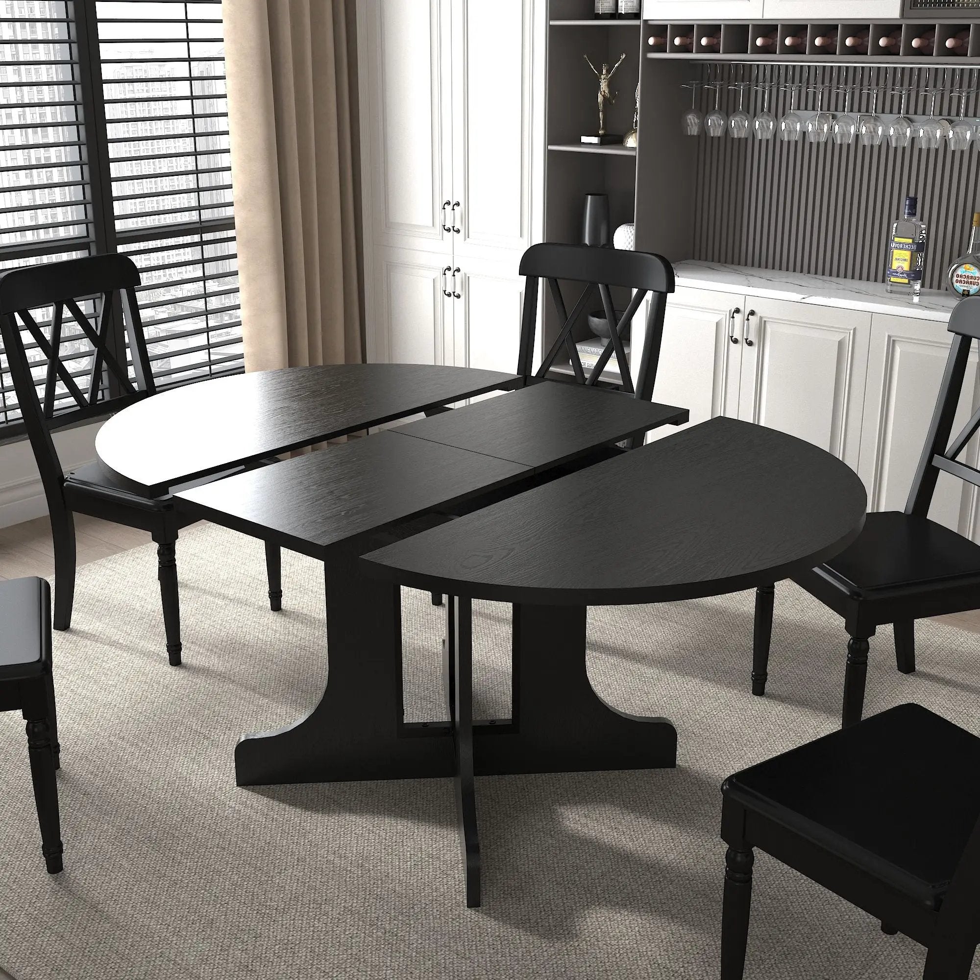 Dining Table For Farmhouse Kitchen Expandable Oval Table Top With Removable Leaf Trestle X Shaped Base - Black by Unique Piece Furniture
