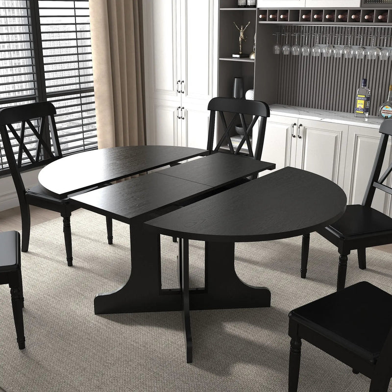 Dining Table For Farmhouse Kitchen Expandable Oval Table Top With Removable Leaf Trestle X Shaped Base - Black by HouseOfZazla