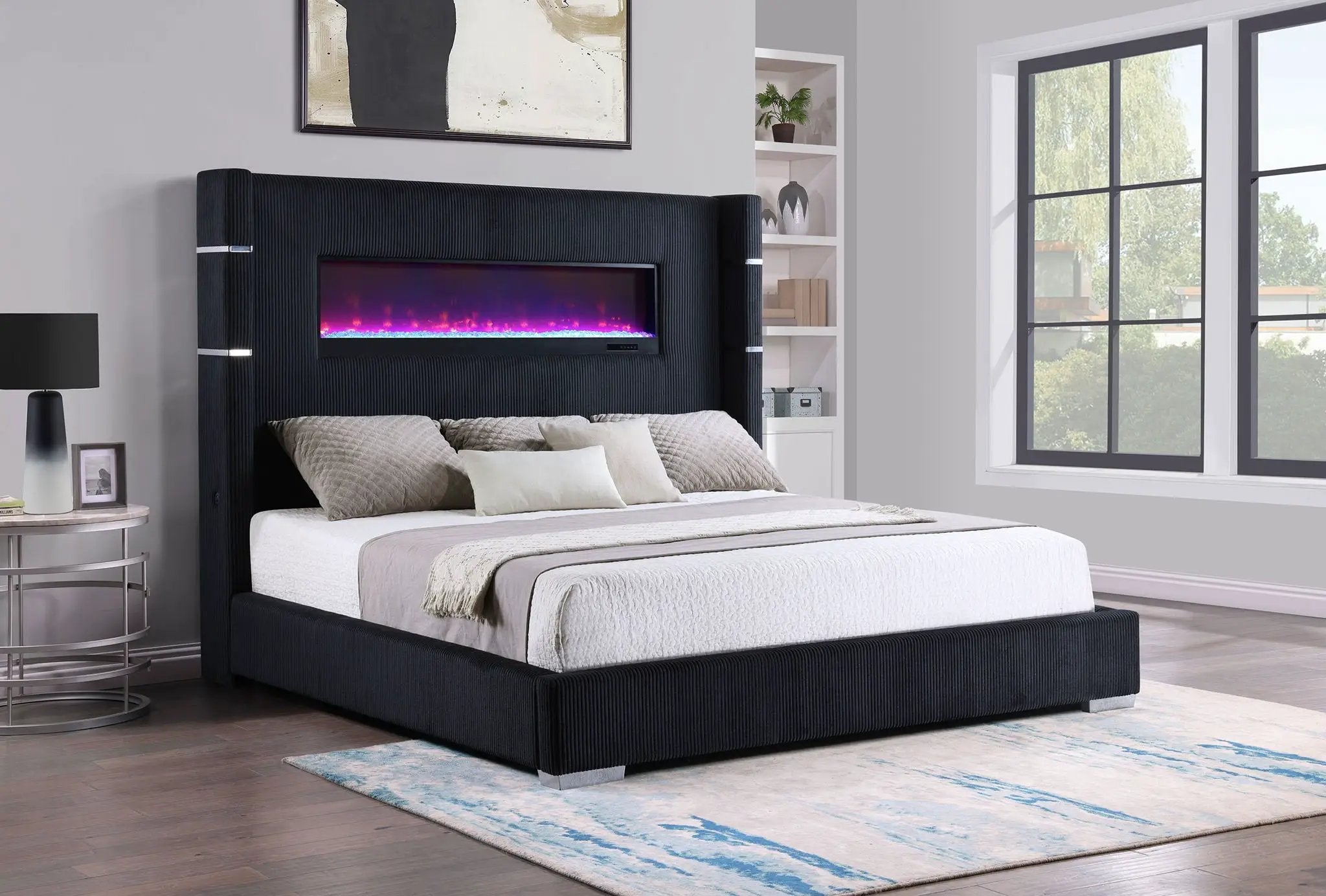 Tisdall Upholstered Eastern King Flame Visualizer Bed Black by Unique Piece Furniture