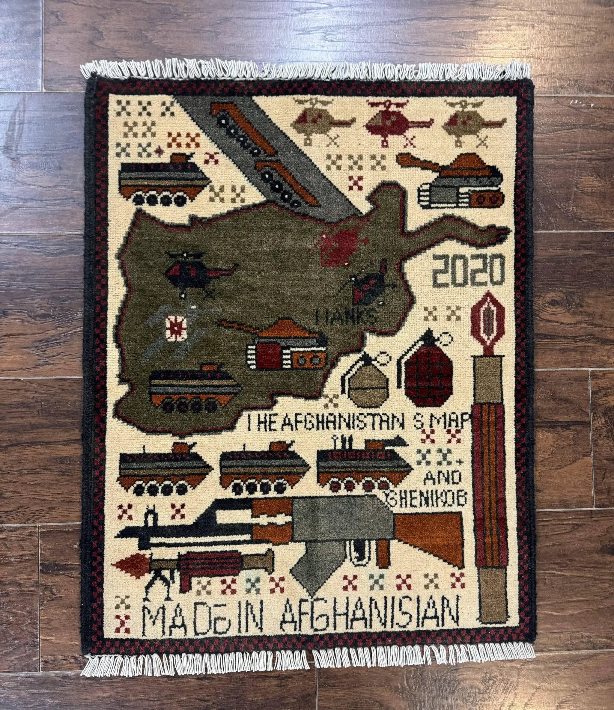 Afghan War Rug, Tanks Helicopters Guns by Jewel Rugs
