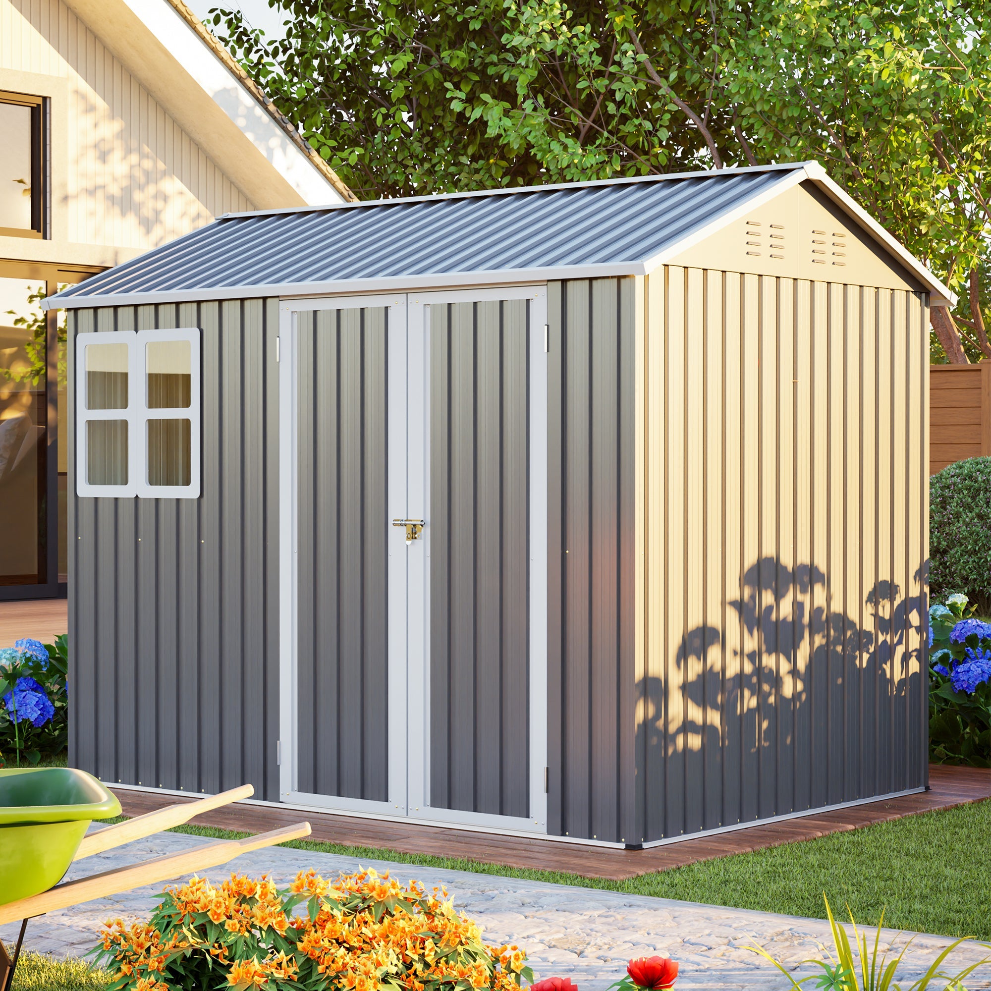 8'x6' Large Steel Storage Shed with Window, Lockable Doors & Sloped Roof by HouseOfZazla