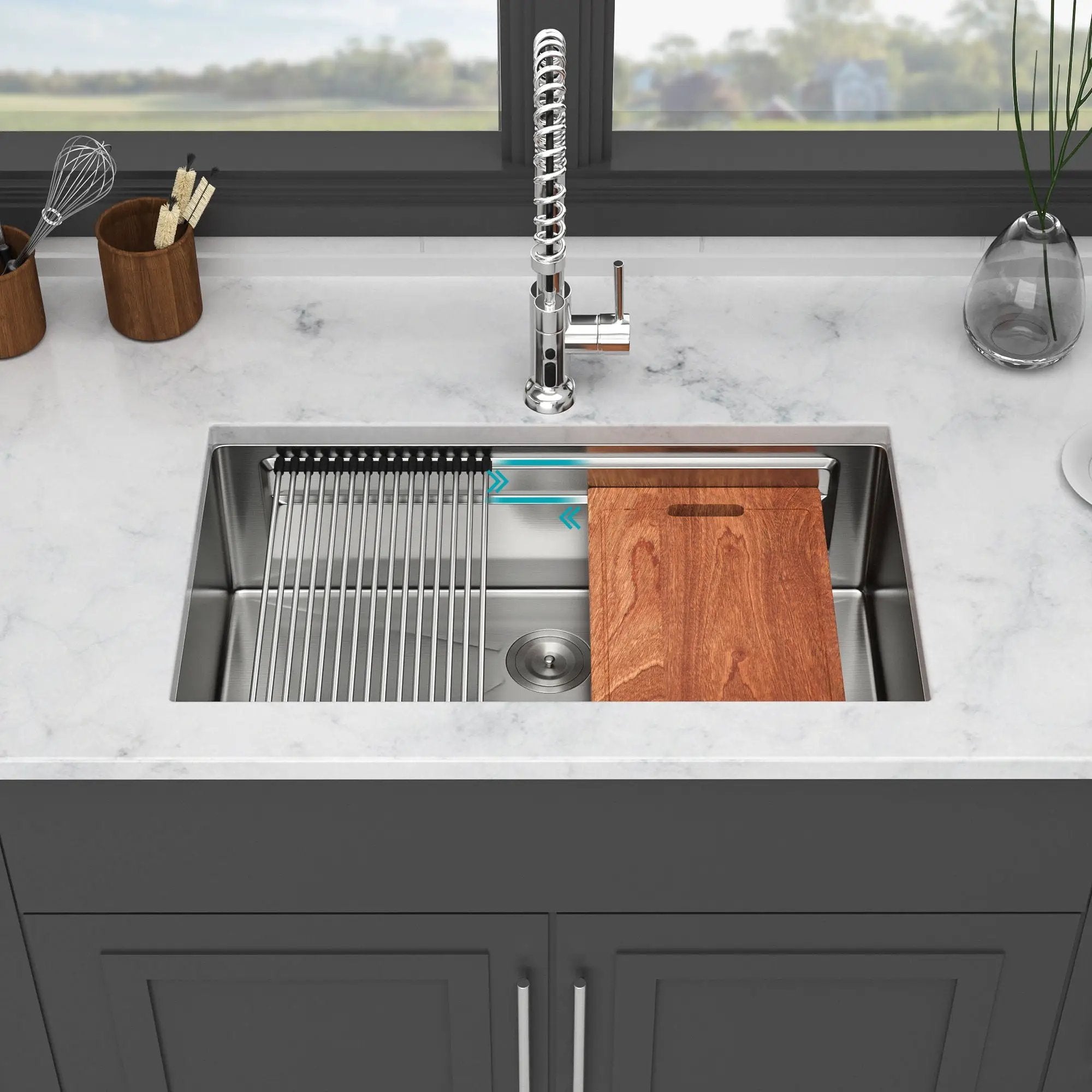 Undermount Kitchen Sink, Single Bowl With Ledge Workstation, 16 Gauge Stainless Steel - Brushed Nickel by HouseOfZazla
