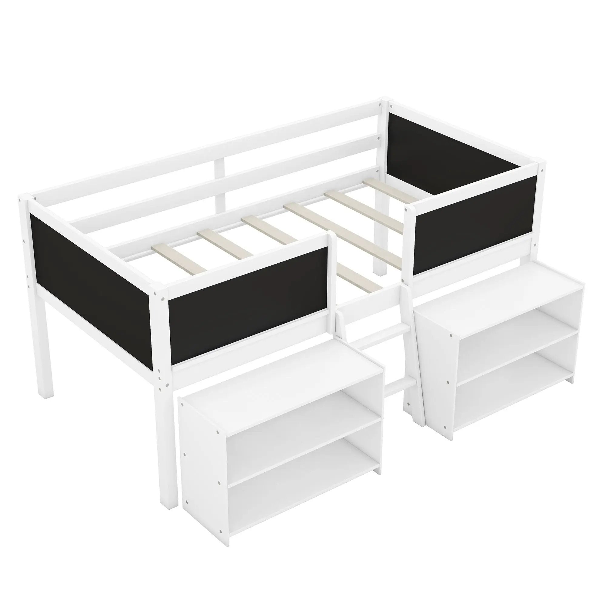 Low Loft Bed With Movable Shelves And Ladder, Decorative Chalkboard Guardrail by Unique Piece Furniture