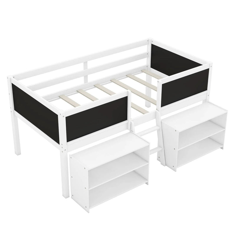Low Loft Bed With Movable Shelves And Ladder, Decorative Chalkboard Guardrail by Unique Piece Furniture
