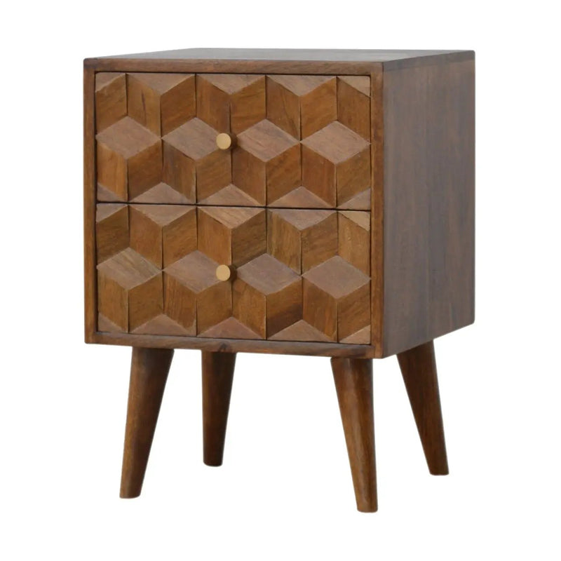Cube Carved Bedside Table Nightstand - Chestnut by HouseOfZazla