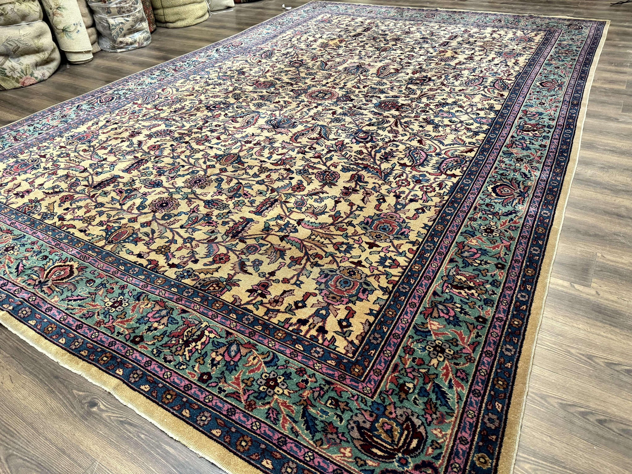 Antique Persian Rug 10x15, Camel and Cyan, Allover Pattern, Rare, Samarkand Rug by Jewel Rugs