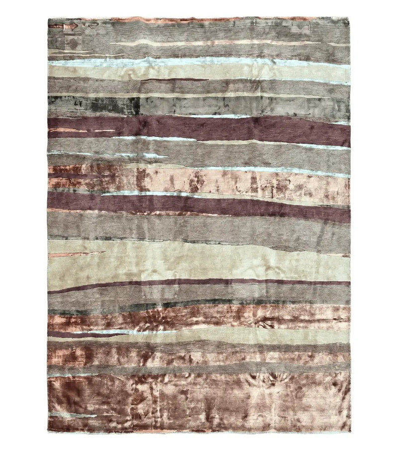 Modern Tibetan Rug 8x11 Nepali Carpet, Shiny Velvely Soft Wool and Silk, Contemporary Hand Knotted Rug, Striped Design, Wool Area Rug 8 x 11 by Jewel Rugs