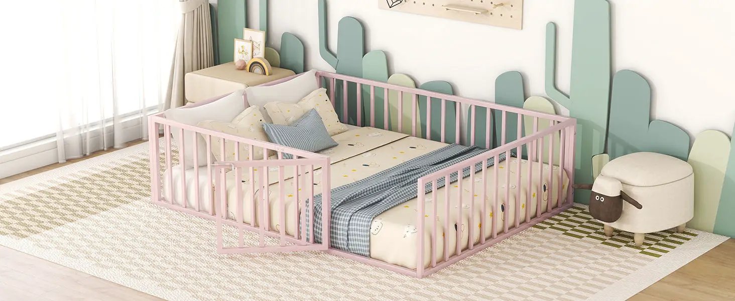 Metal Floor Bed Frame With Fence And Door by HouseOfZazla