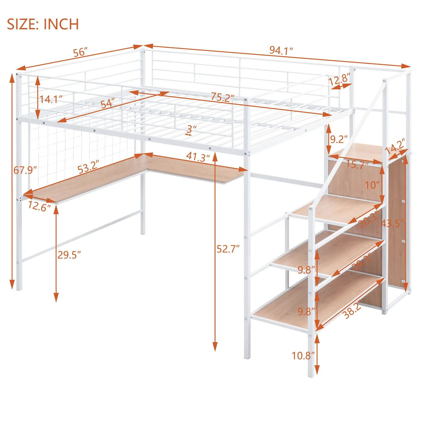 Loft Bed With Desk And Grid, Stylish Frame With Lateral Storage Ladder And Wardrobe by Unique Piece Furniture