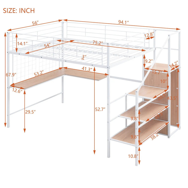 Loft Bed With Desk And Grid, Stylish Frame With Lateral Storage Ladder And Wardrobe by Unique Piece Furniture