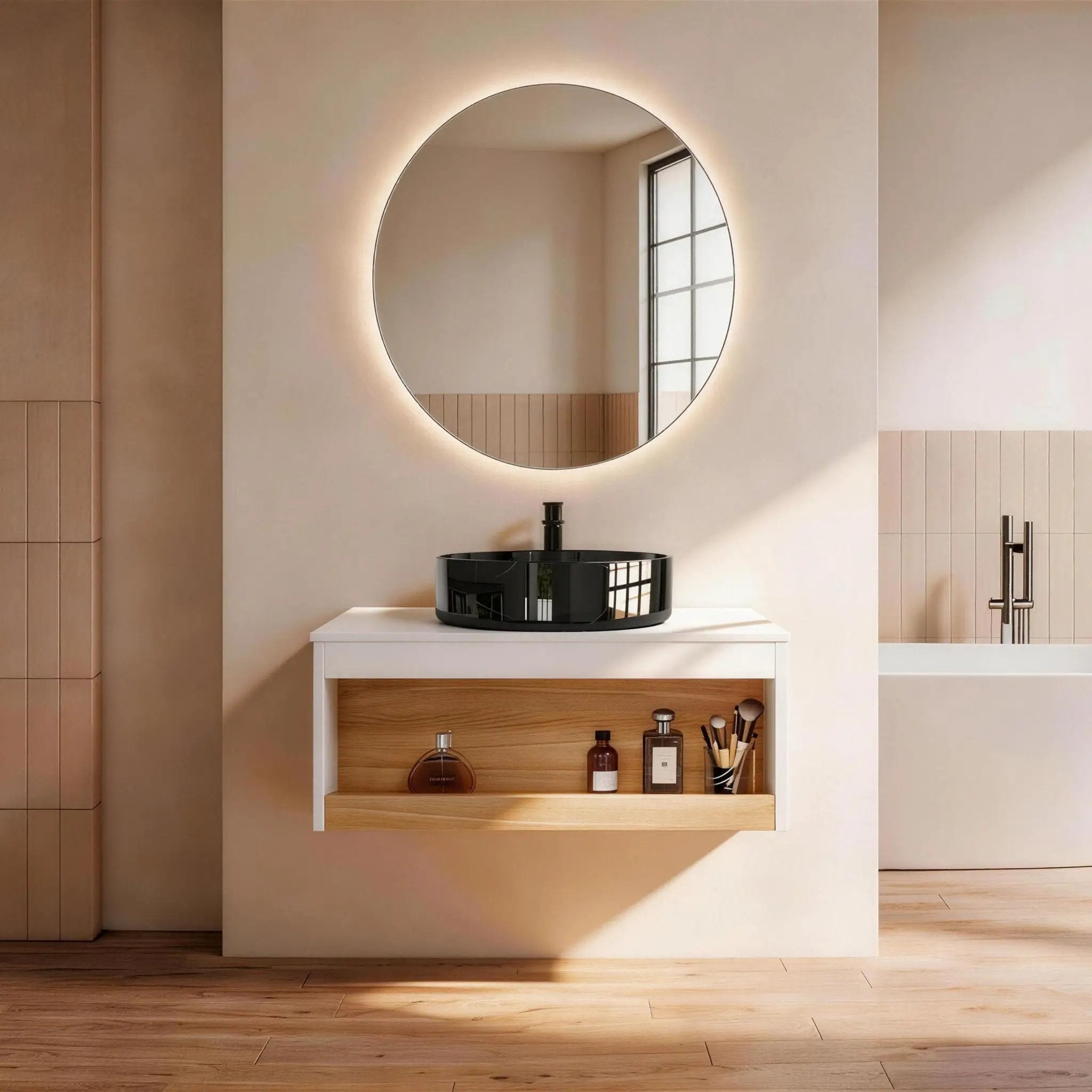 Floating Bathroom Vanity With Vessel Sink With Open Shelf Storage by Unique Piece Furniture
