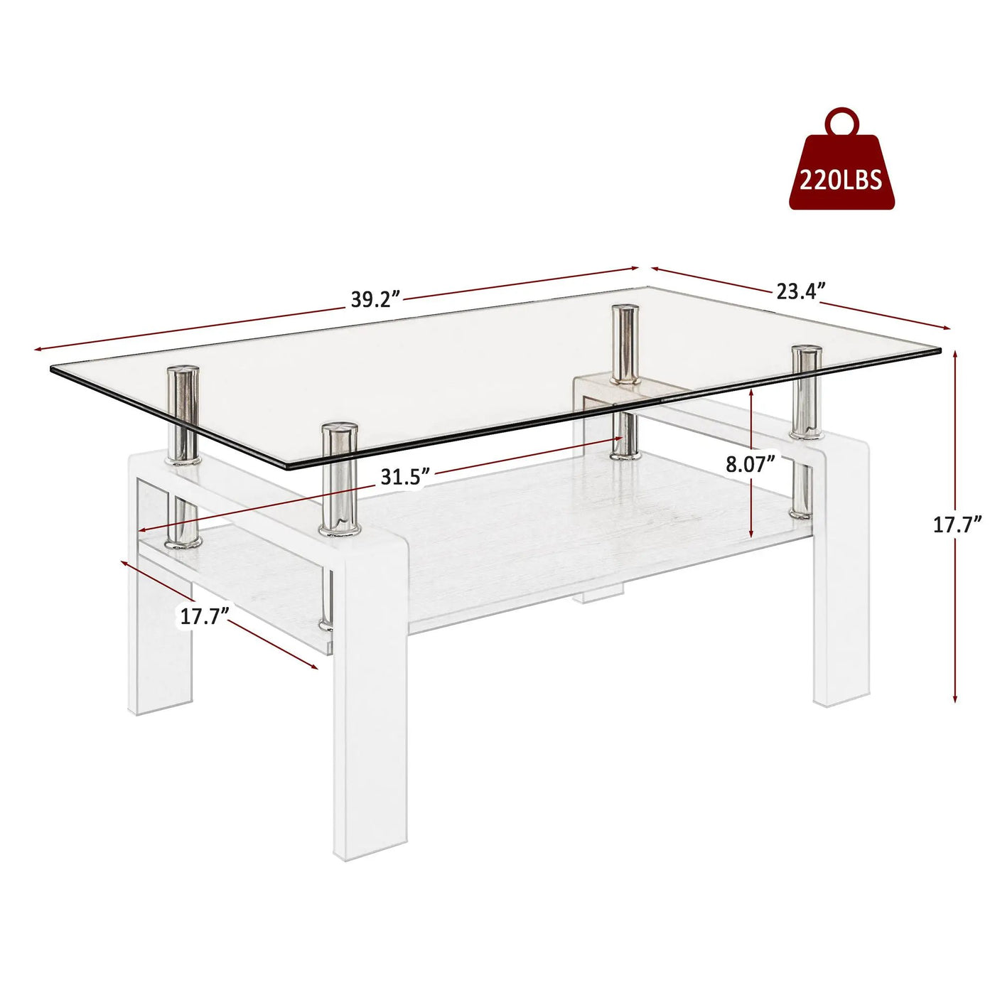 Modern Rectangular Coffee Table With Tempered Transparent Glass Top And Storage Shelf by HouseOfZazla
