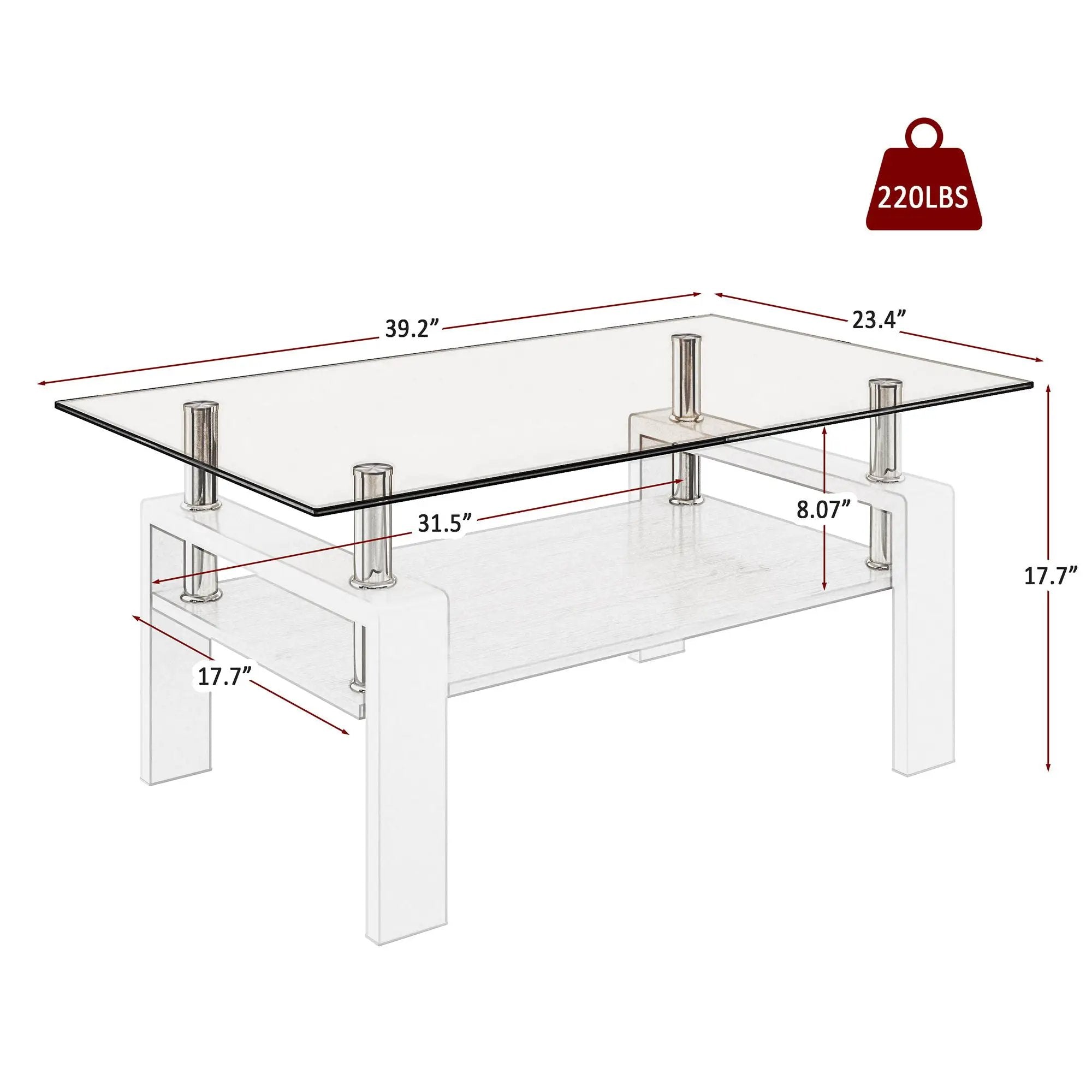 Modern Rectangular Coffee Table With Tempered Transparent Glass Top And Storage Shelf by HouseOfZazla