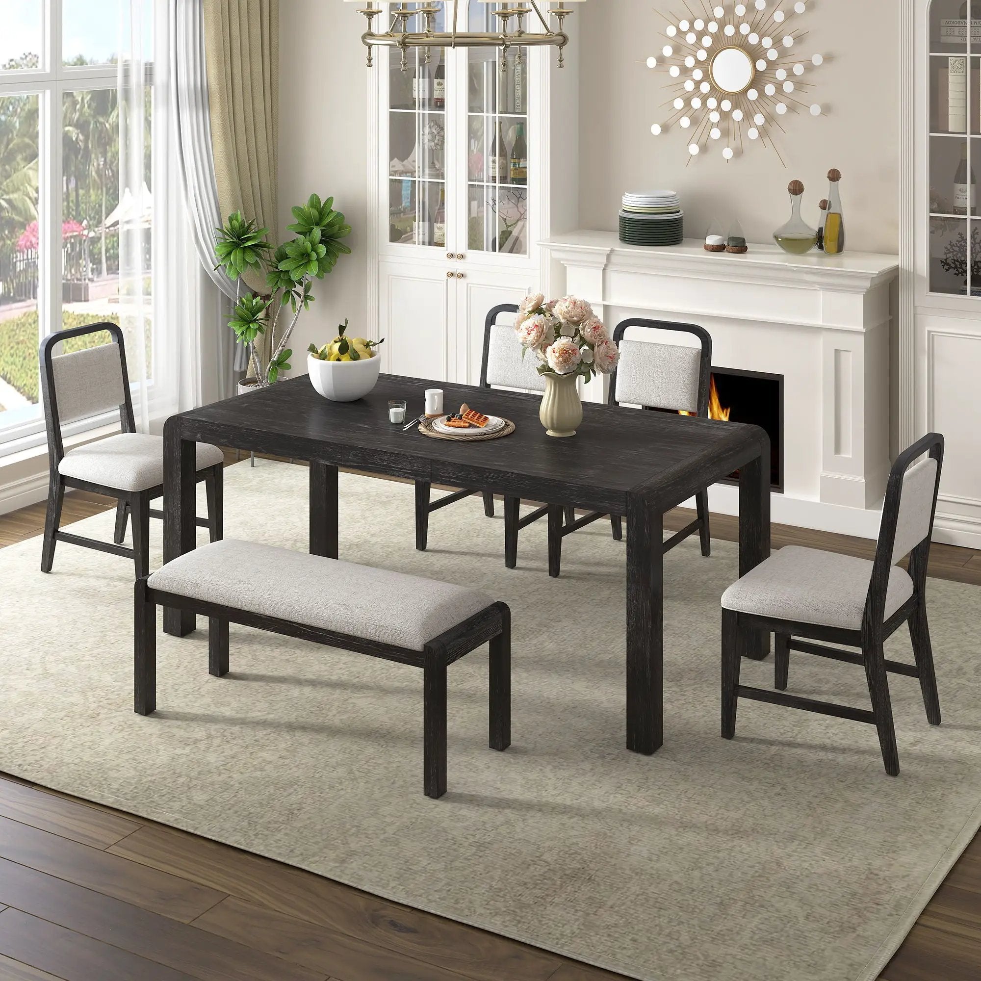 Extendable Dining Table Set With 4 Upholstered Chairs And 1 Bench