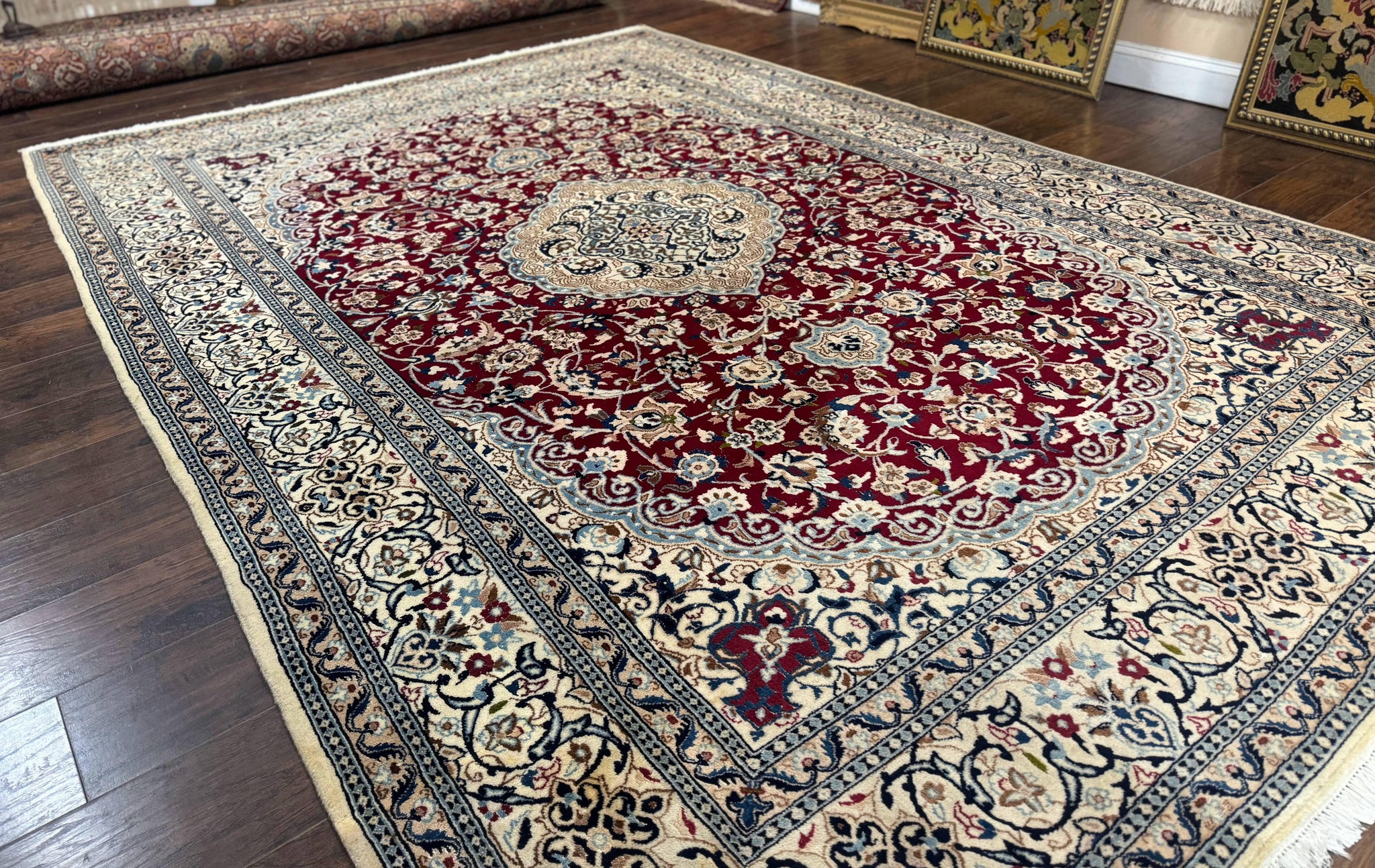Persian Nain Rug 8x11, Wool and Silk Highlights, Burgundy & Ivory by Jewel Rugs