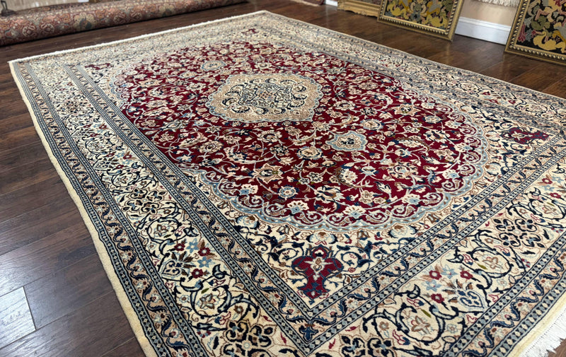 Persian Nain Rug 8x11, Wool and Silk Highlights, Burgundy & Ivory by Jewel Rugs