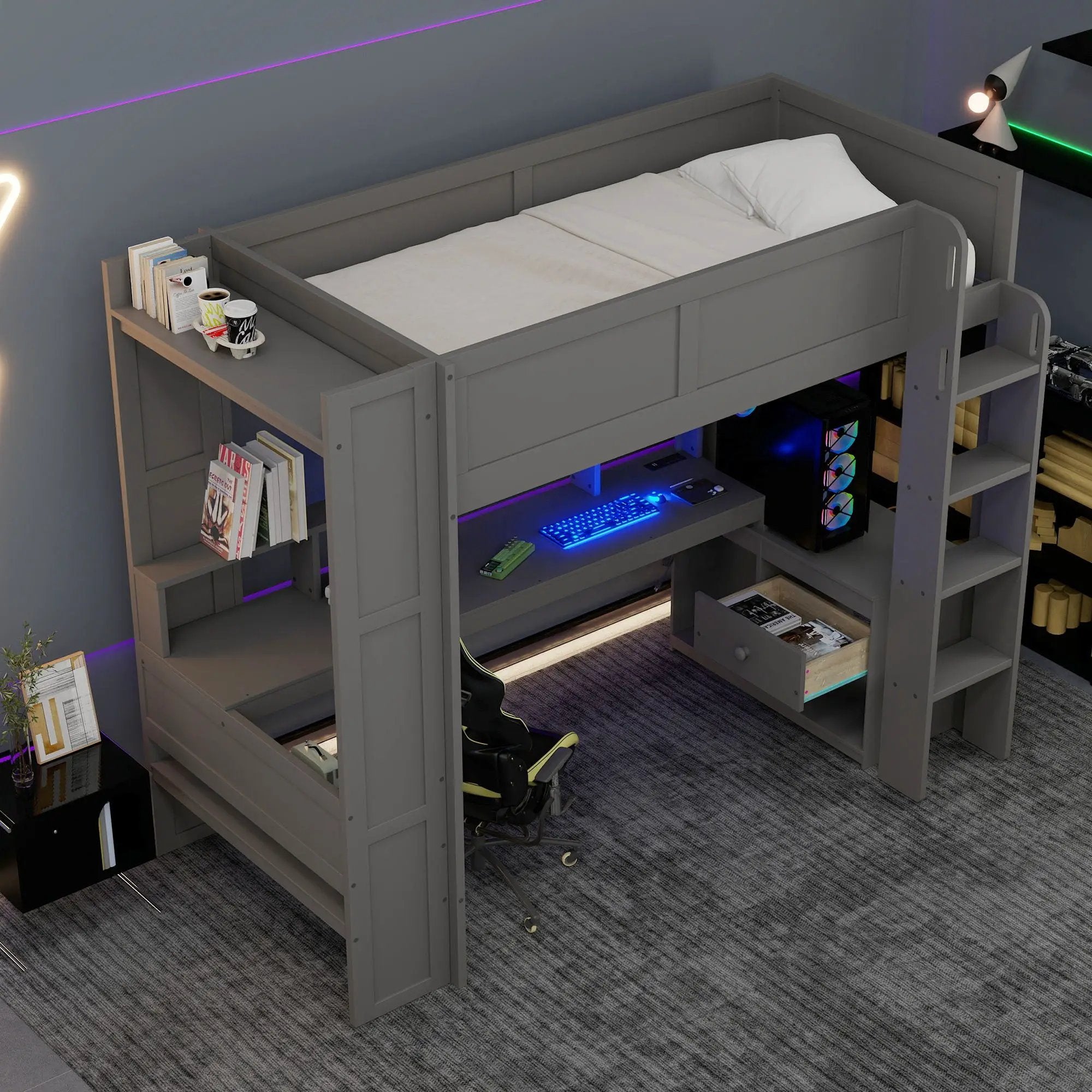 Gaming Loft Bed With Desk, Multi Storage Shelves, LED And Charging Station by Unique Piece Furniture