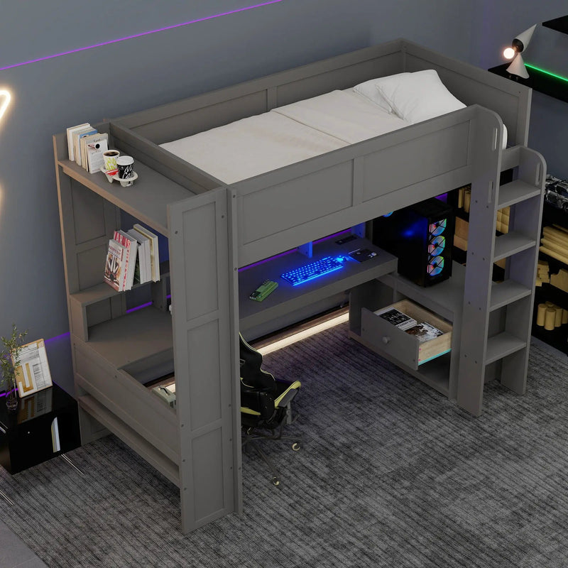 Gaming Loft Bed With Desk, Multi Storage Shelves, LED And Charging Station by Unique Piece Furniture