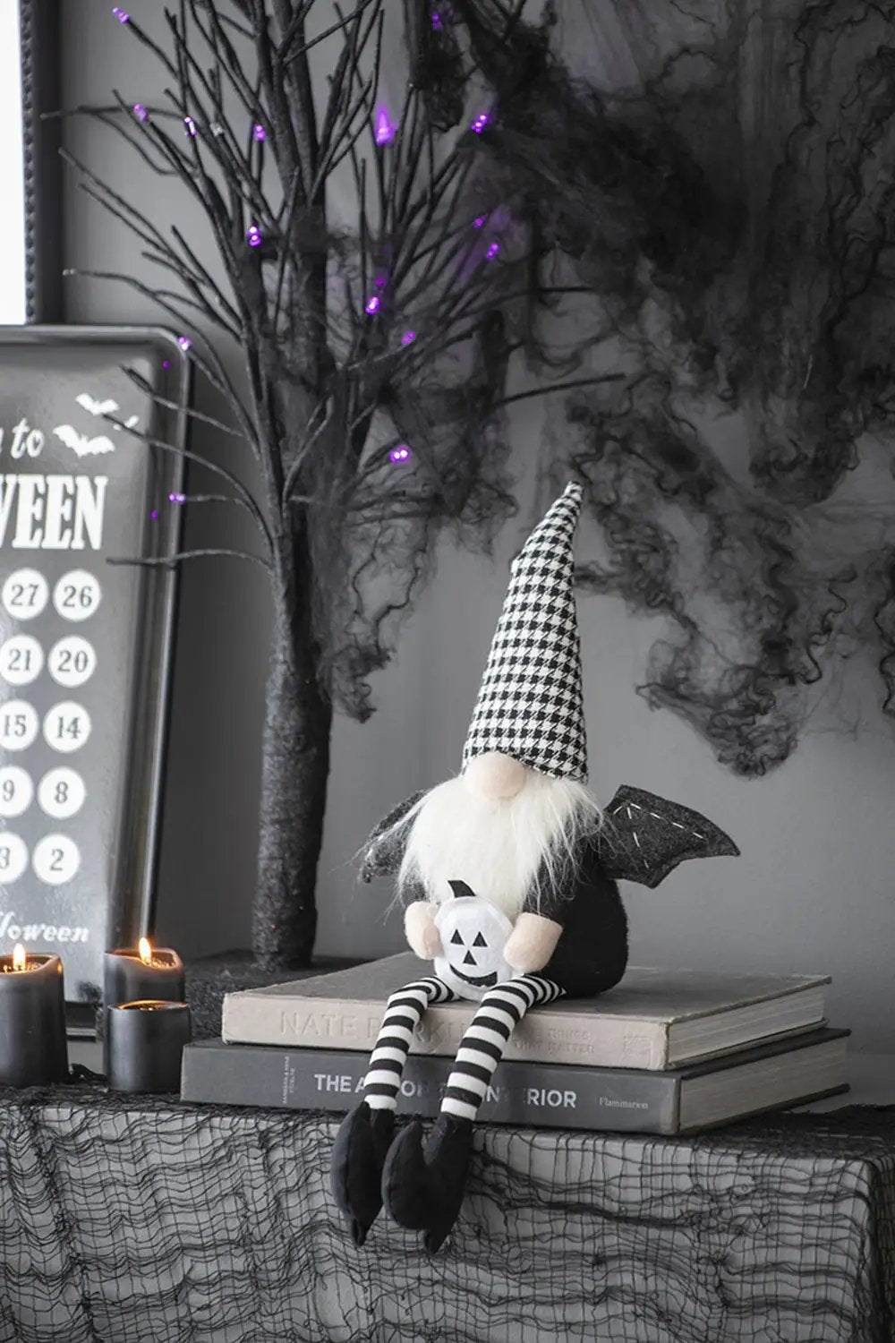 Sitting Gnome With Wings & Plaid Hat, For Halloween Decor by HouseOfZazla