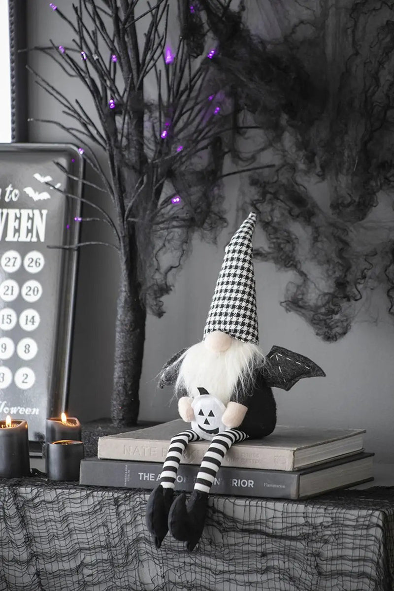 Sitting Gnome With Wings & Plaid Hat, For Halloween Decor by HouseOfZazla