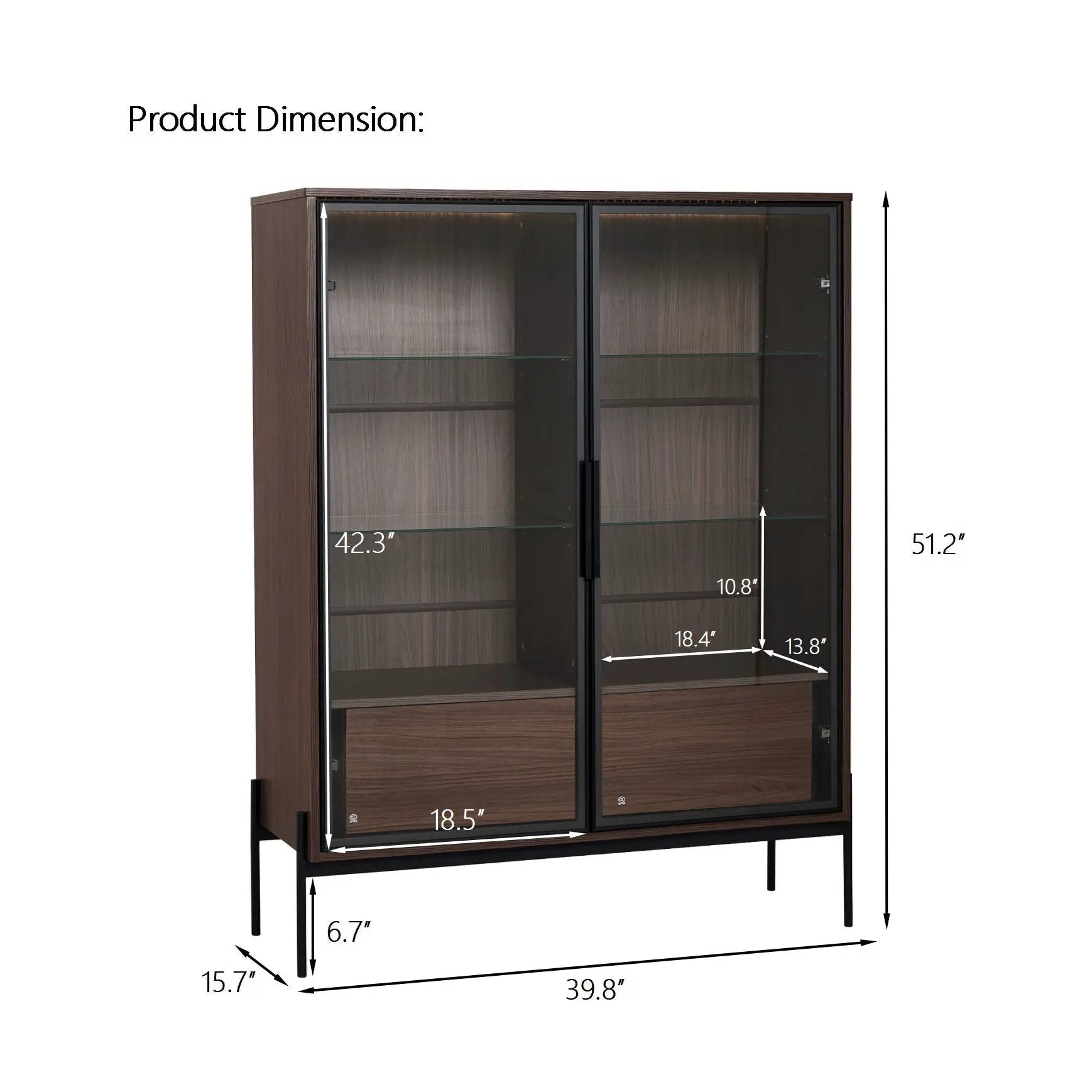 Modern Minimalist Style LED Curio Cabinet With Tempered Glass Door, Metal Legs by Unique Piece Furniture