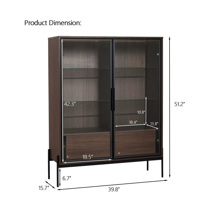 Modern Minimalist Style LED Curio Cabinet With Tempered Glass Door, Metal Legs by Unique Piece Furniture