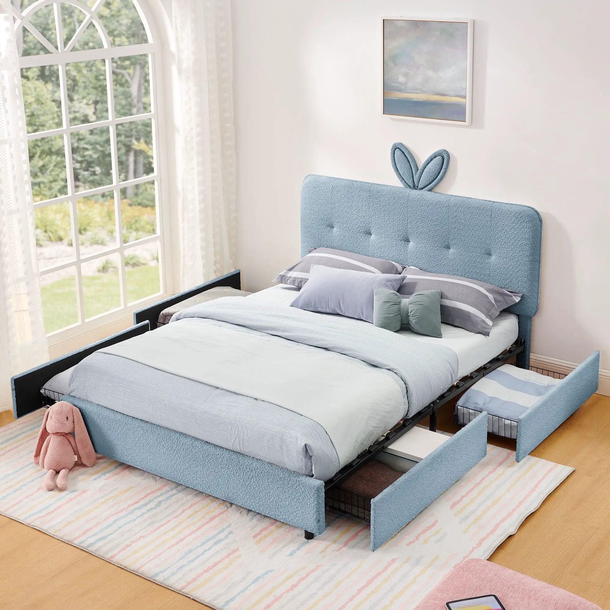 Upholstered Bed With Oversized Rabbit Ear Headboard, LED Lights & 4 Storage Drawers by Unique Piece Furniture