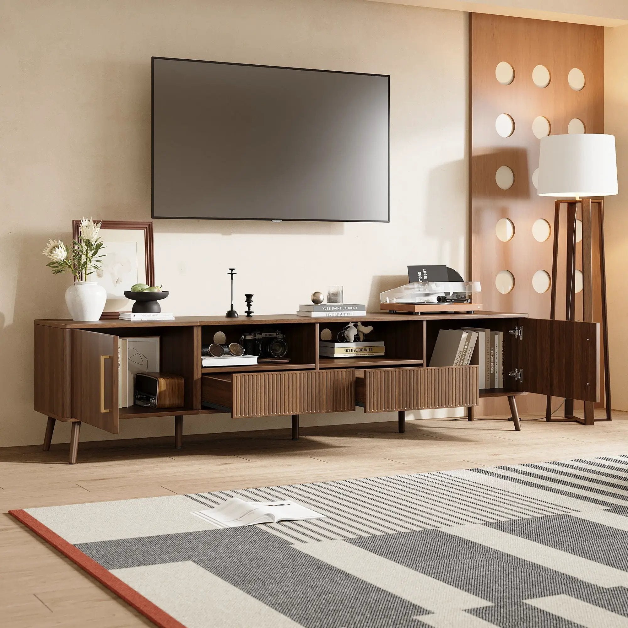 TV Stand For TVs Up To 85" With Soft-Close Doors, Open Shelf, Cable Management - Walnut by Unique Piece Furniture