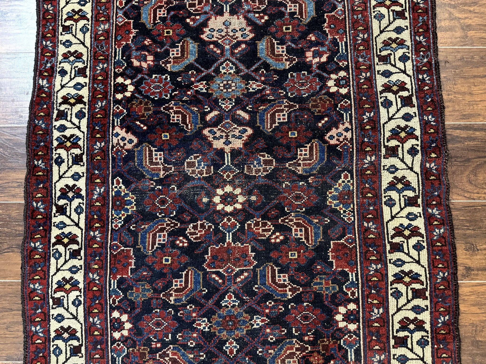 Navy Blue Antique Persian Rug 3x6, Blue and Ivory Persian Carpet, Handmade 1920s Hamadan Rug by Jewel Rugs