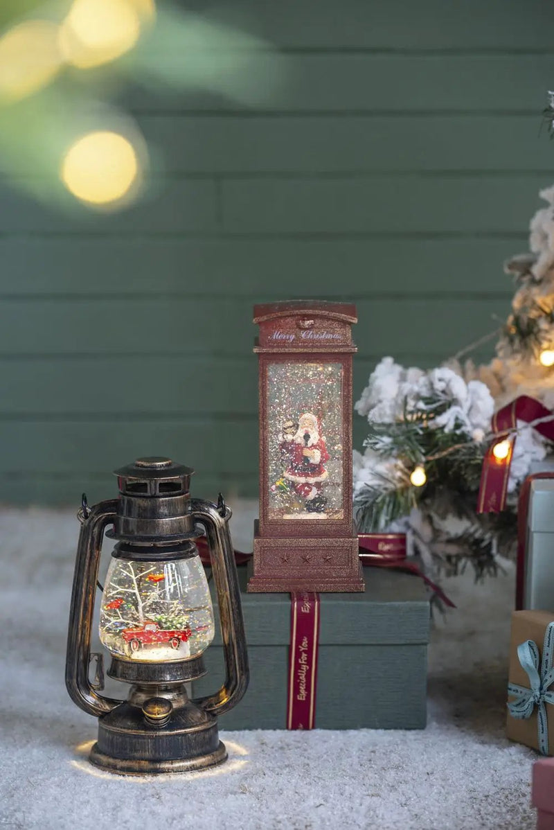 Christmas Lighted Water Spinning Phone Booth With Santa On Phone, 3*AA Batteries Required - White / Red by HouseOfZazla
