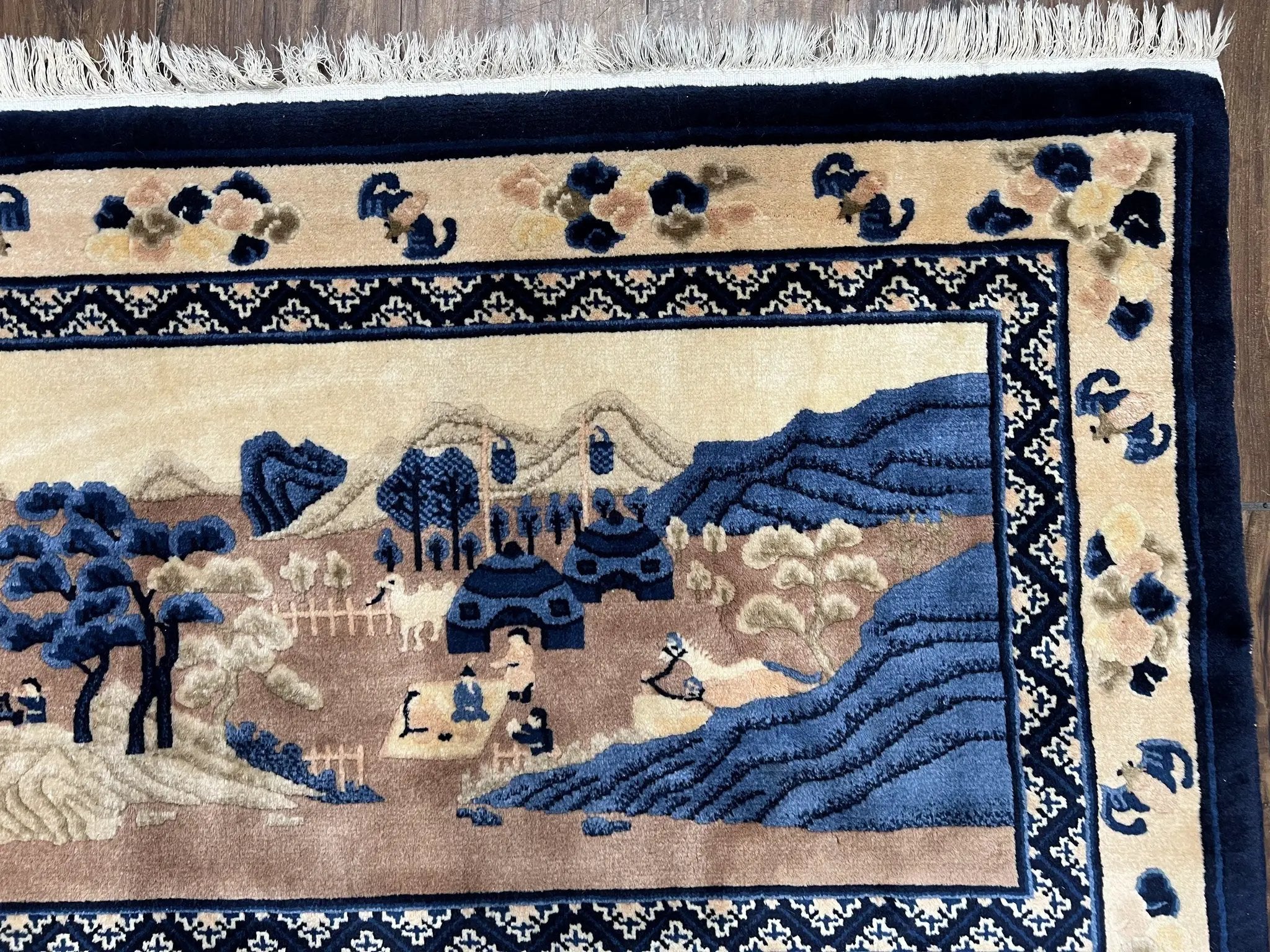 Antique Chinese Pictorial Rug 2.7 x 5, Chinese Village and Hills Carpet, Beige and Dark Blue, Handmade, Horizontal Rug Wall Hanging Tapestry by Jewel Rugs