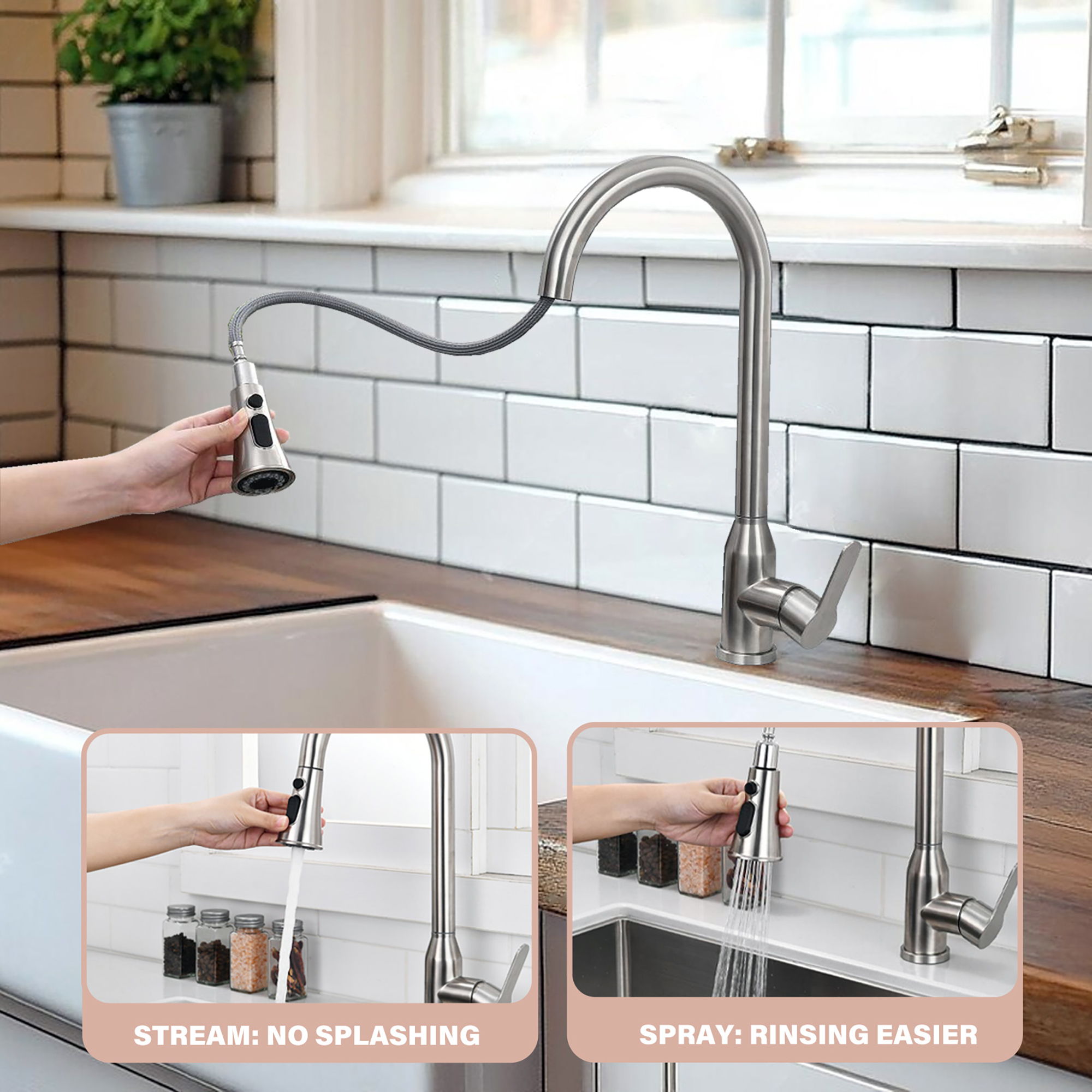 Stainless Steel High Arc Kitchen Faucet With Pull Down Sprayer - Brushed Nickel by HouseOfZazla