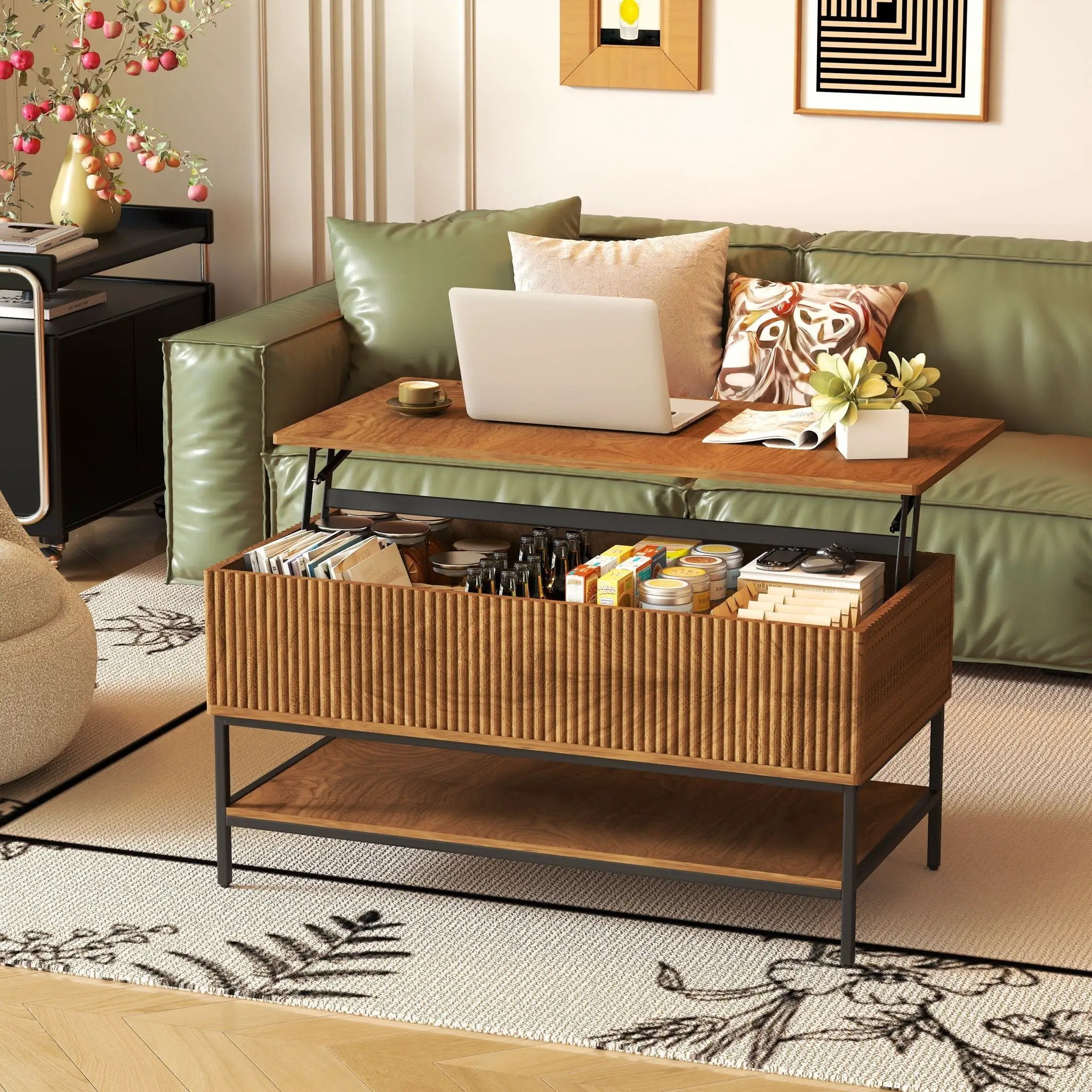 Rectangle Lift Top Coffee Table With Hidden Storage And Lower Shelf - Brown by Unique Piece Furniture
