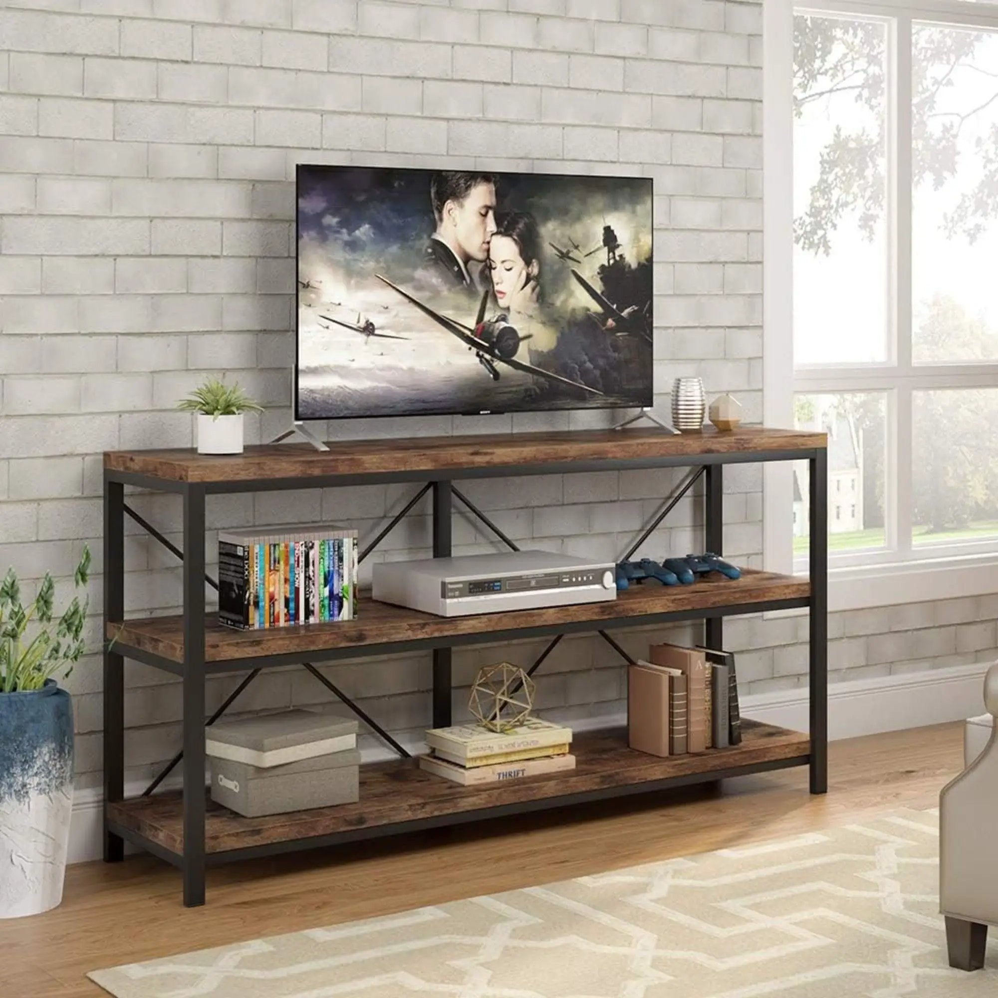 Console Table With 3 Tier Storage Shelves Finish, Slim Narrow Design For Living Entryway - Brown / Black by HouseOfZazla