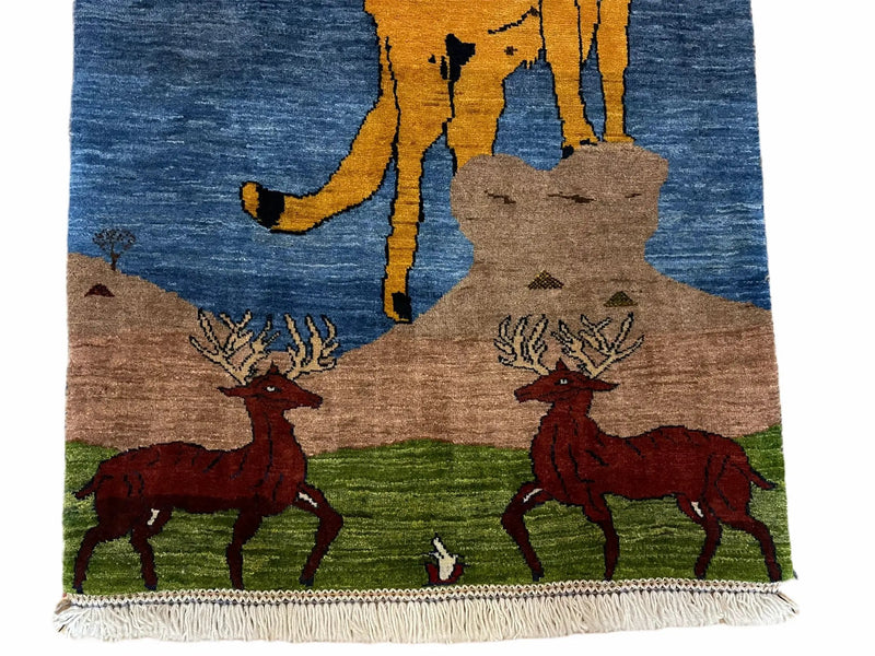 3 x 5 Handmade New Vintage Wool Blue Rug Leopard Lion Jaguar Deer Organic Dyes by Jewel Rugs