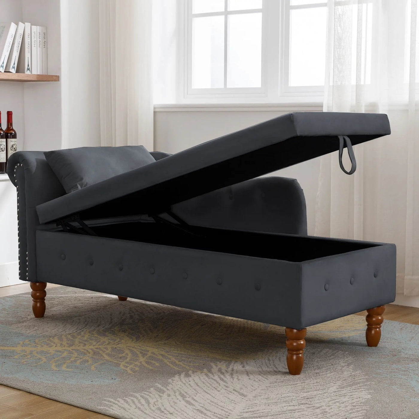 Chaise Lounge Indoor, Lounge Chair For Bedroom With Storage & Pillow, Modern Upholstered Rolled Arm Chase Lounge For Sleeping With Nailhead Trim For Living Room Bedroom Office by Unique Piece Furniture