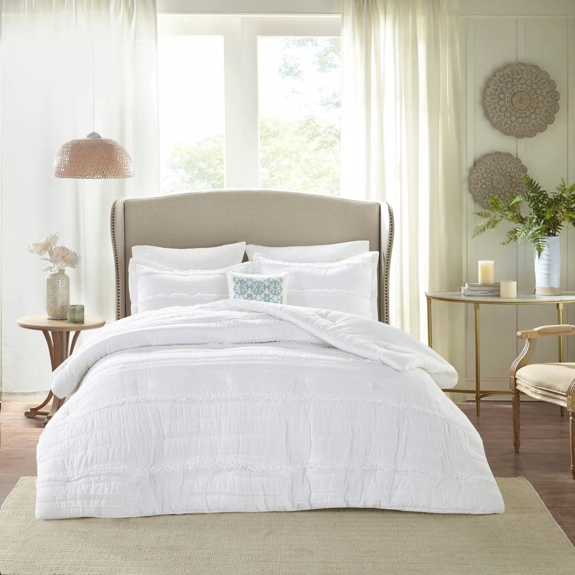 5 Piece Microfiber Ruffled Comforter Set White Queen by HouseOfZazla
