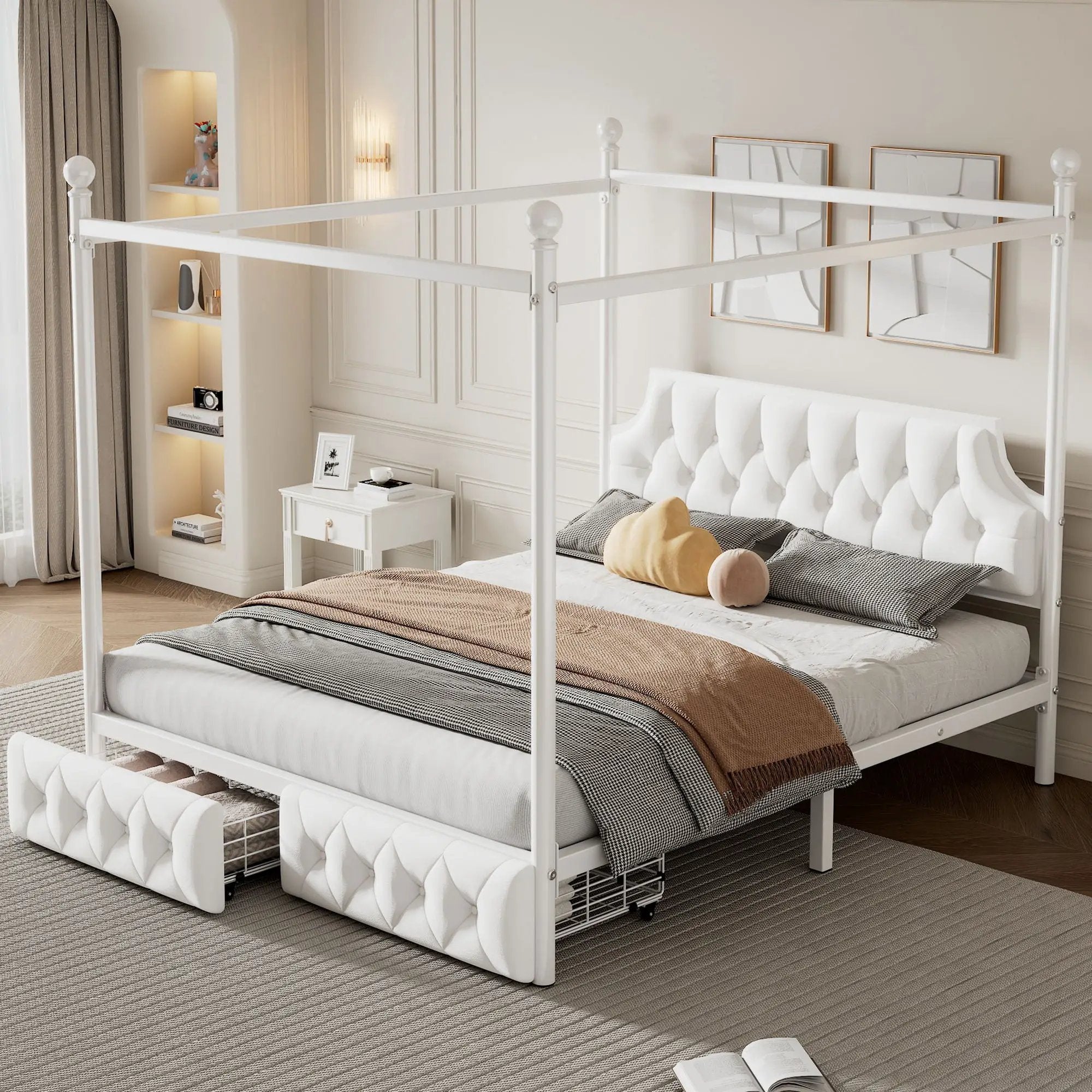 Queen Size Canopy Platform Bed With Upholstered Headboard And 2 Storage Drawers - White by HouseOfZazla