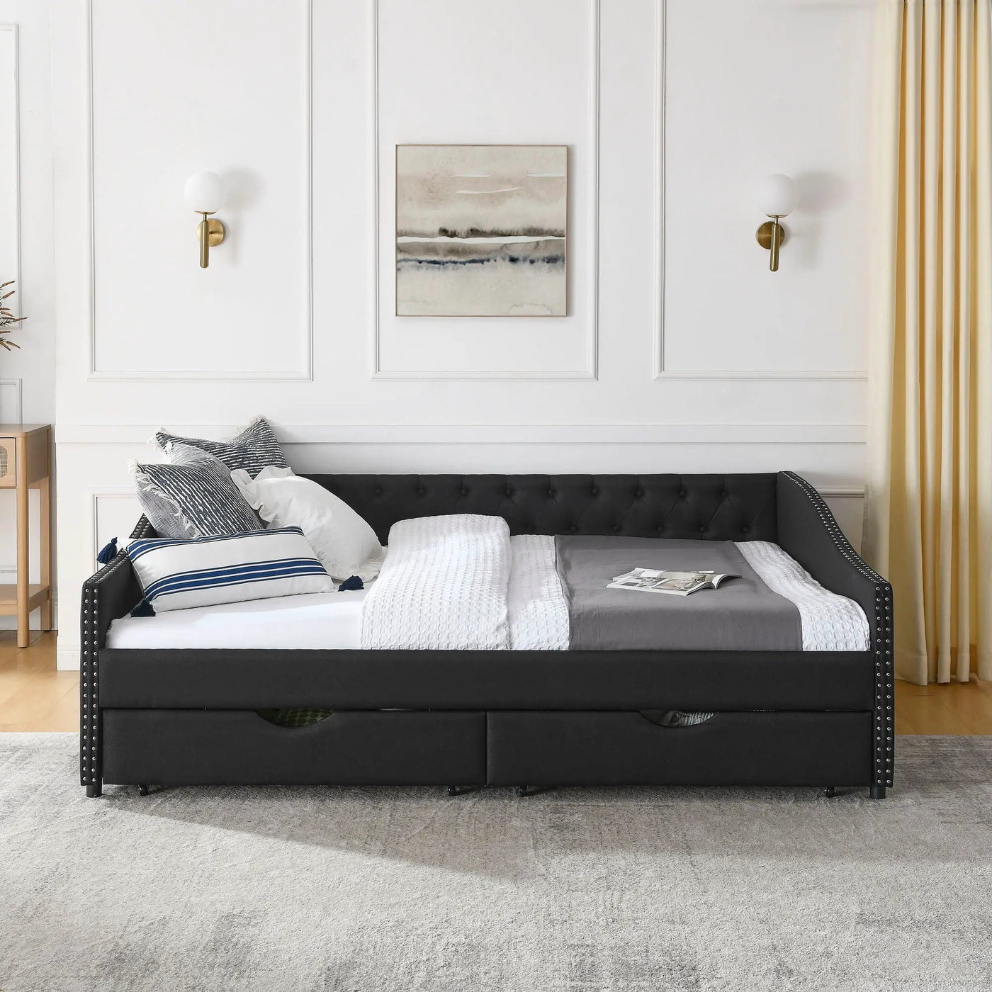 Upholstered Tufted Daybed With 2 Drawers, Waved Arms by HouseOfZazla